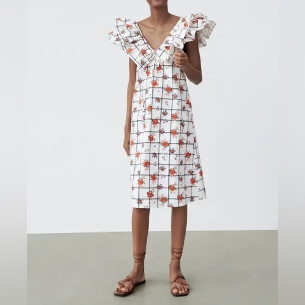 Zara Floral Grid Checked Dress Size Large L